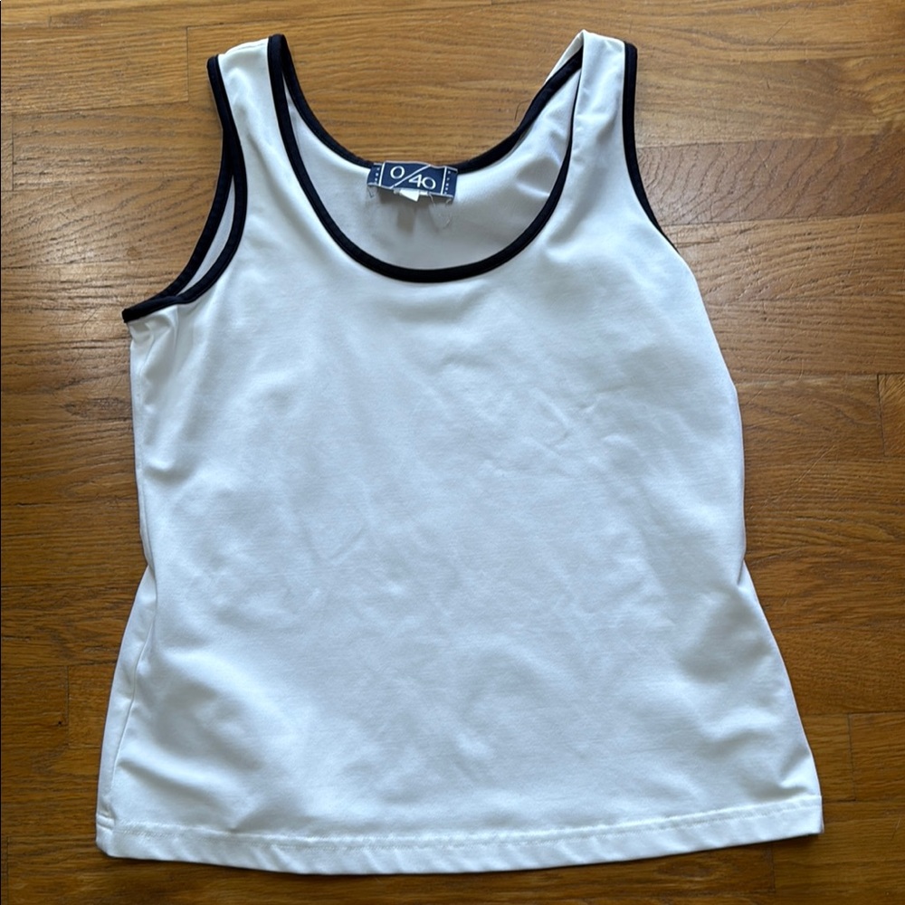White Sleeveless Top with Black Trim